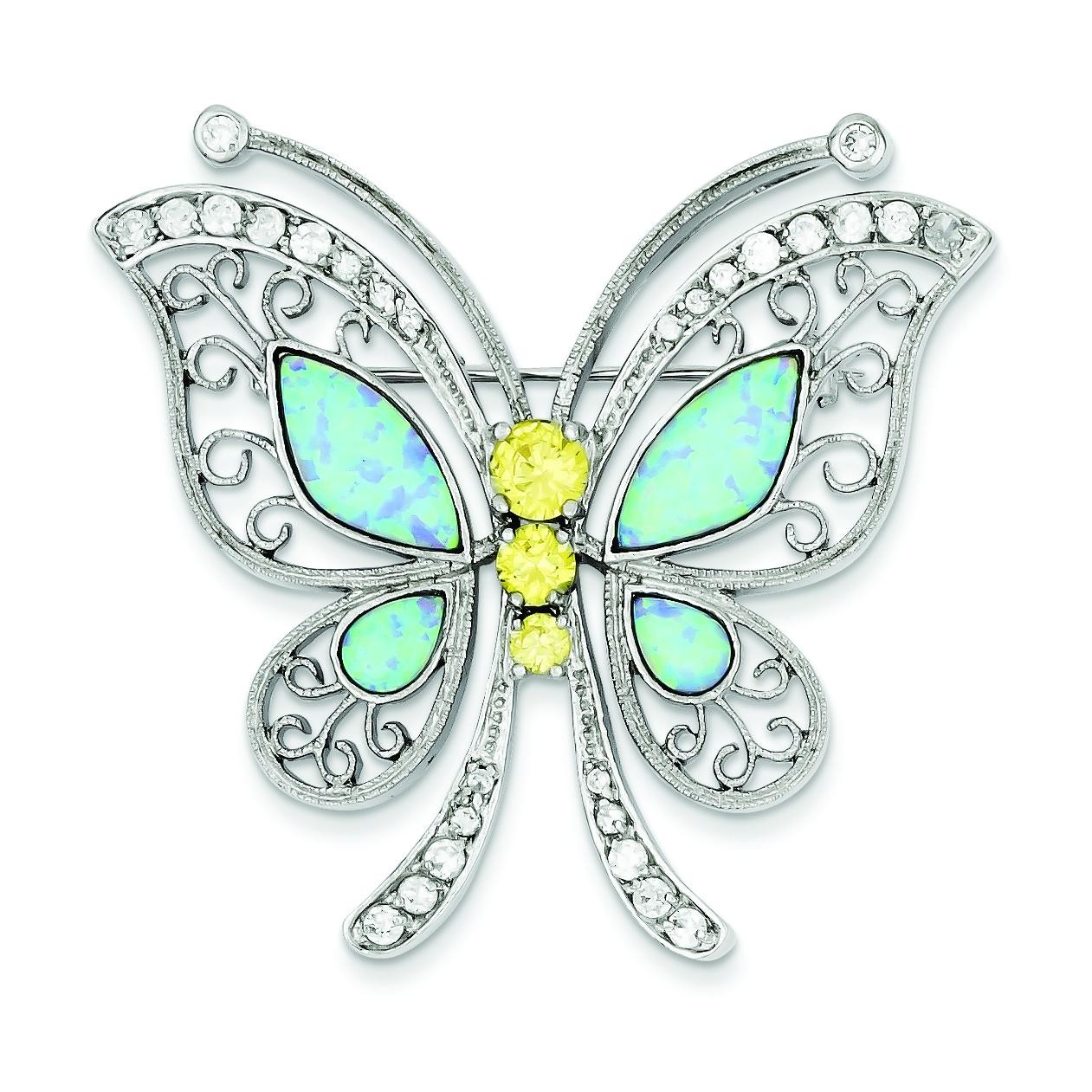 Blue Opal CZ Butterfly Pin in Sterling Silver