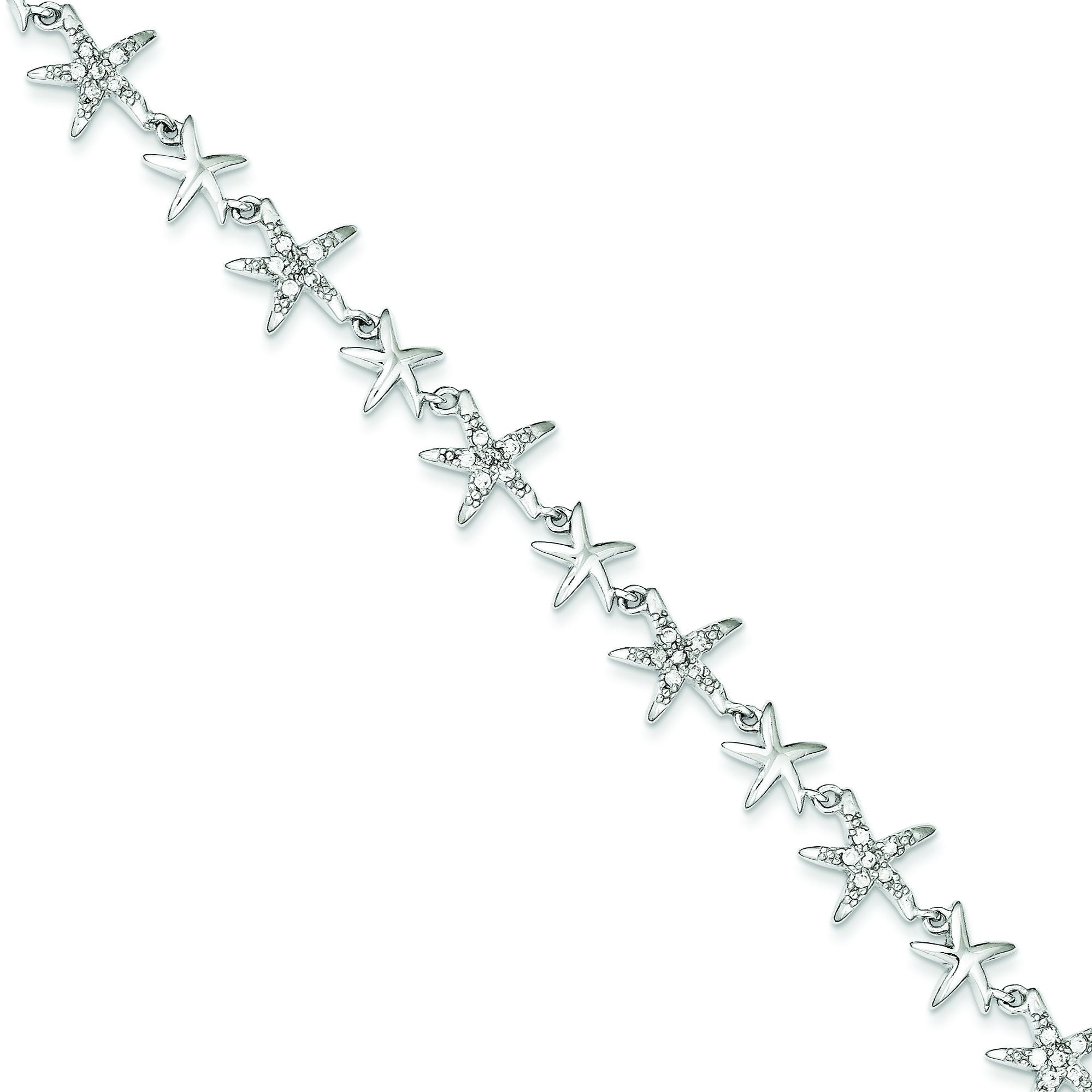 Alternating Polished CZ Starfish Link Bracelet in Sterling Silver