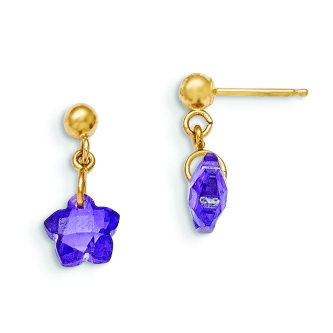 Flower Purple CZ Earrings in 14k Yellow Gold