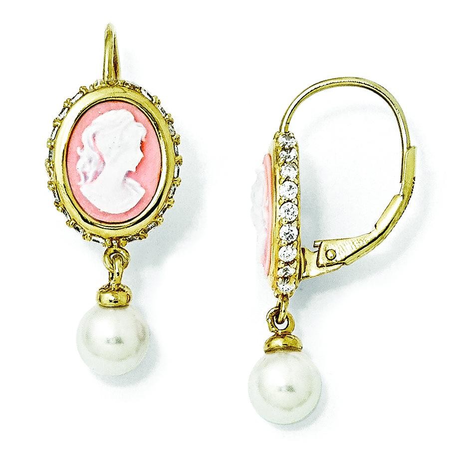 Glass Pearl Cameo CZ Leverback Earrings in Sterling Silver