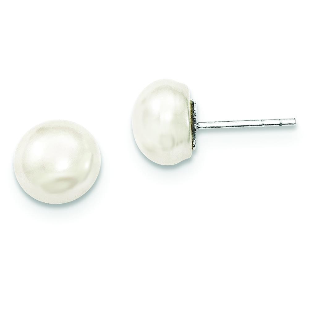 White Cultured Pearl Button Earrings in Sterling Silver
