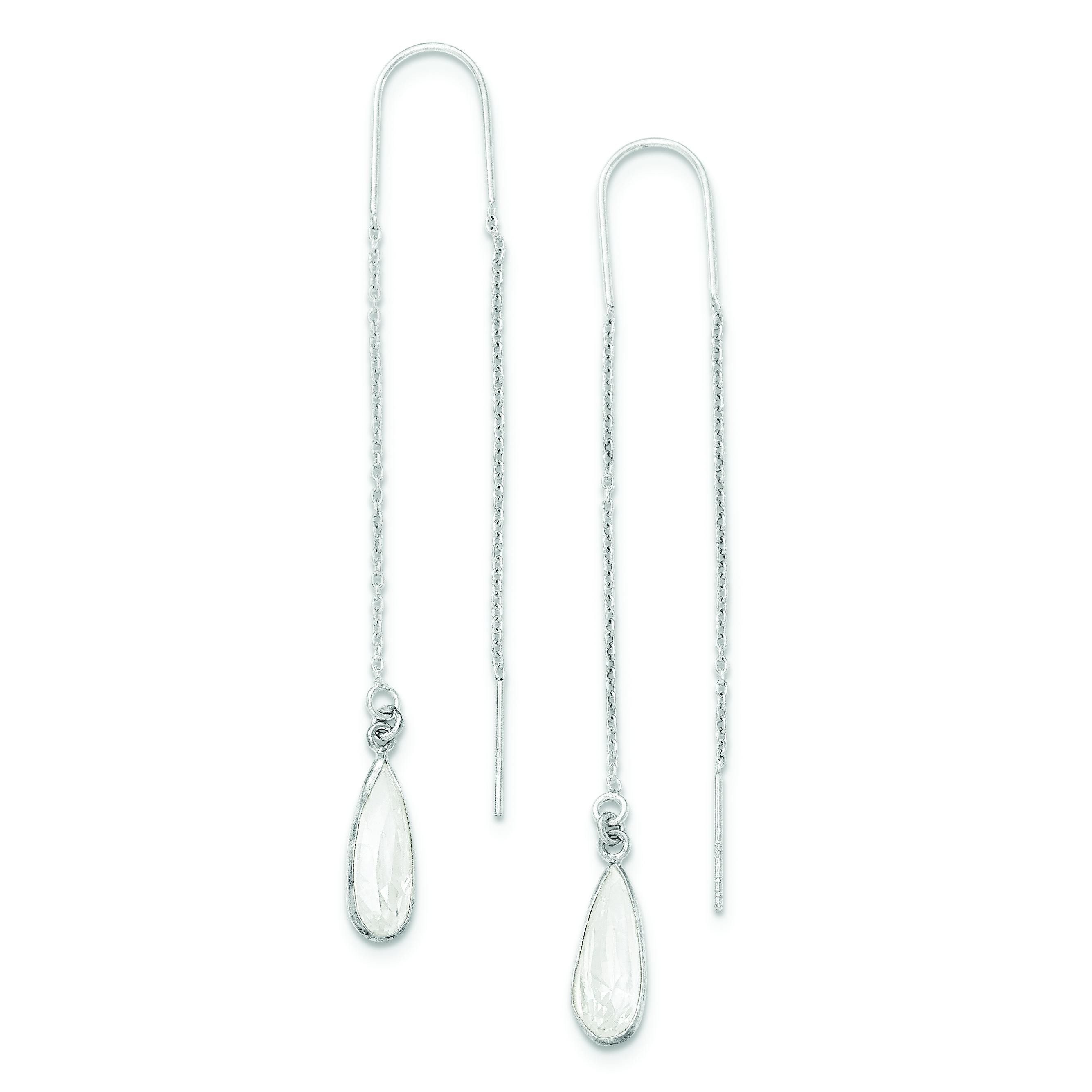 Clear Crystal Teardrop Threader Earrings in Sterling Silver