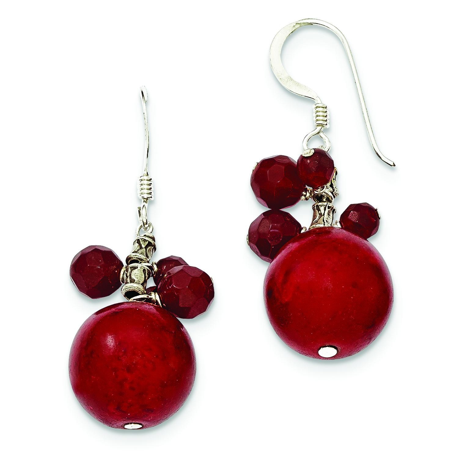Faceted Red Jasper Red Coral Earrings in Sterling Silver