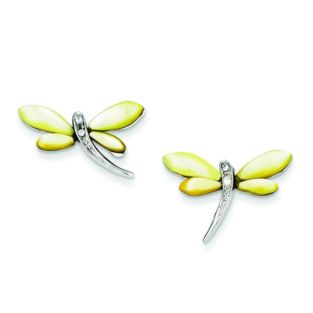 CZ Yellow Mother Of Pearl Dragonfly Earrings in Sterling Silver
