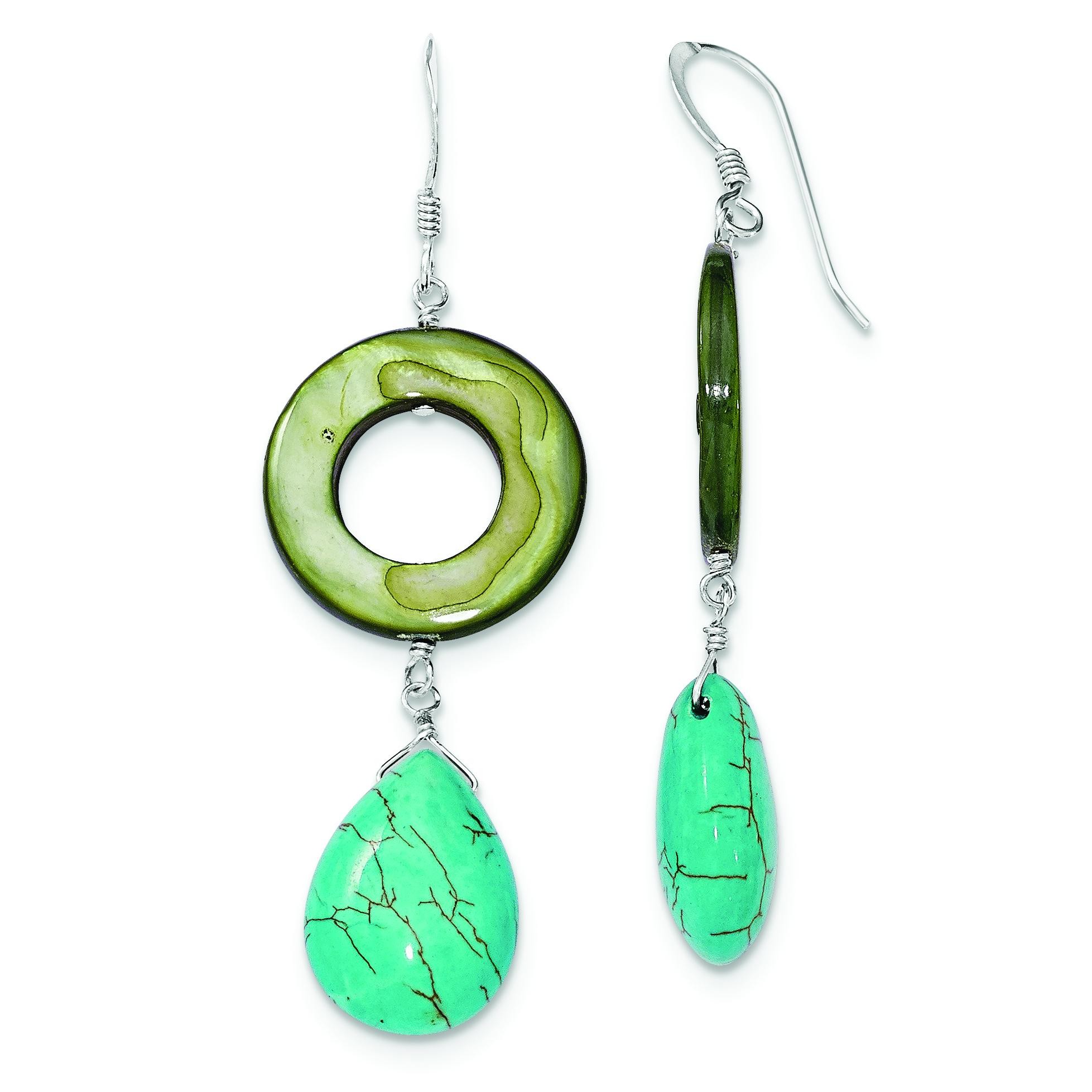 Dyed Blue Howlite Green Mother Of Pearl Earrings in Sterling Silver