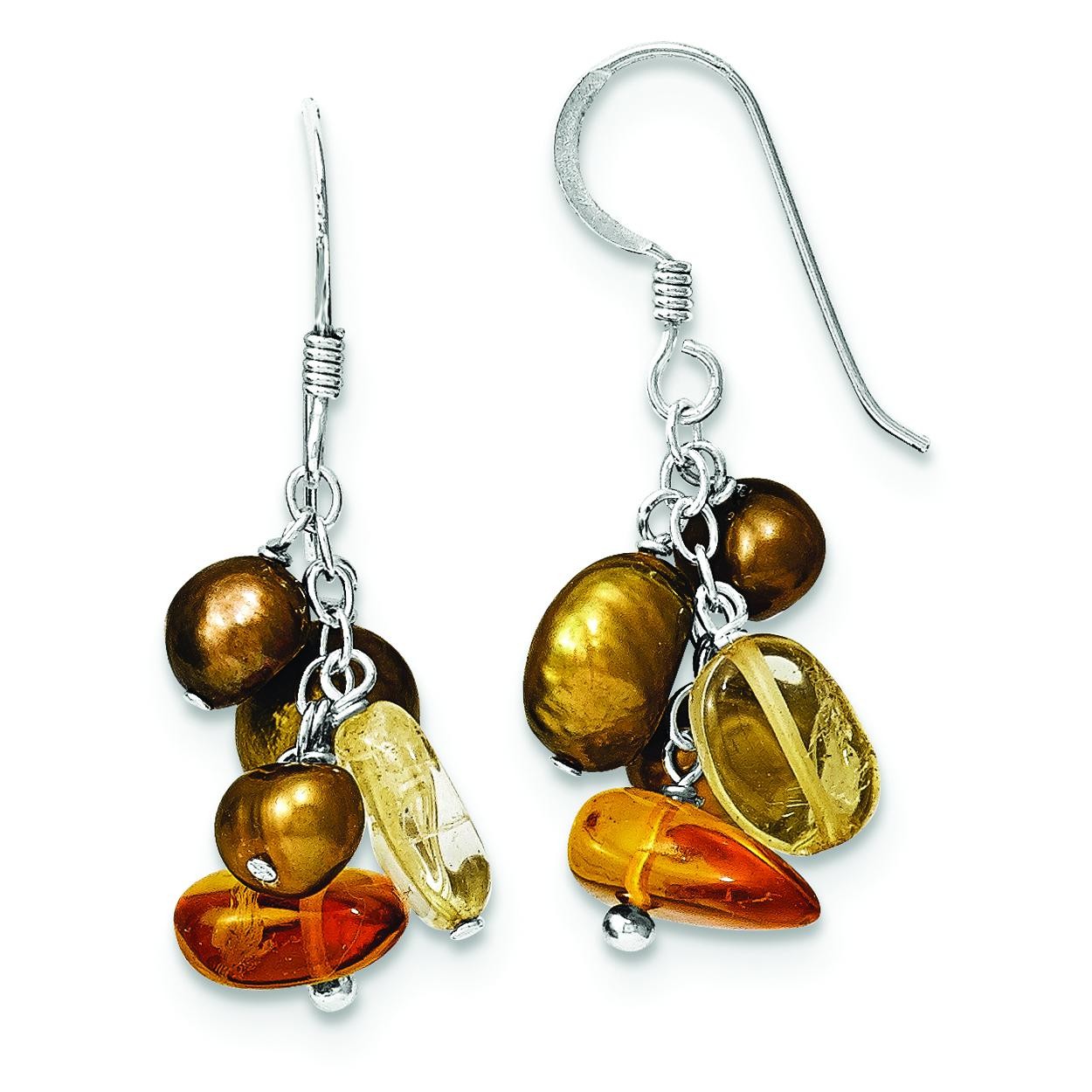 Amber Citrine Copper Freshwater Cultured Pearl Earrings in Sterling Silver