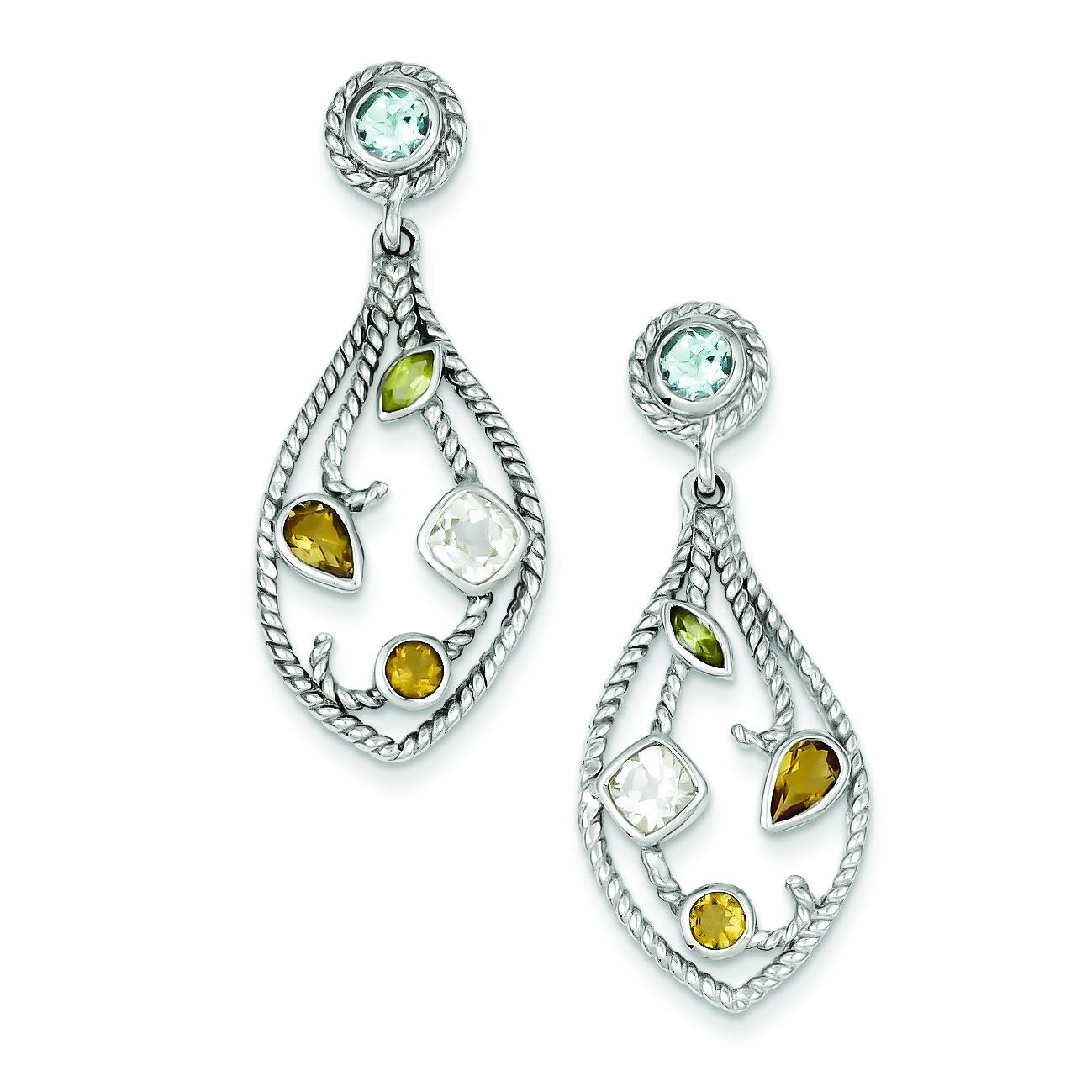 CZ Multi Color Gemstone Post Dangle Earrings in Sterling Silver