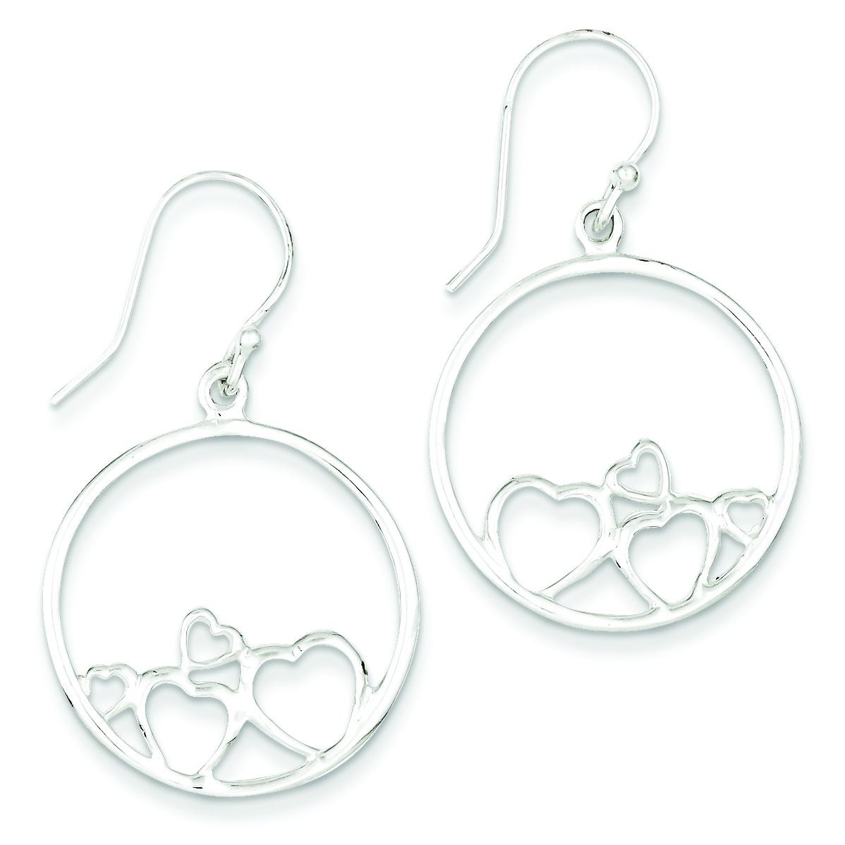 Open Hearts Circle Dangle Earrings in Sterling Silver