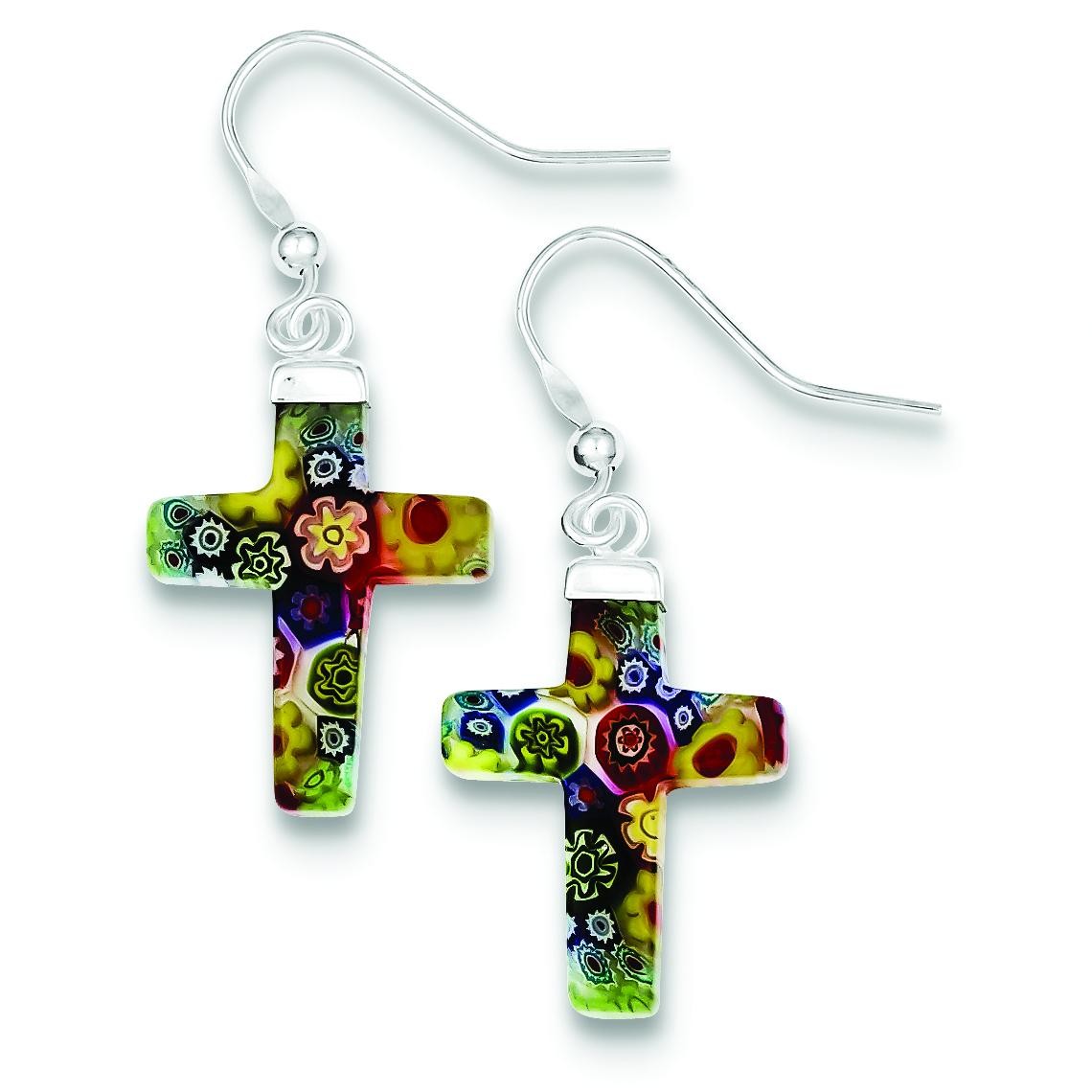 Multicolored Glass Cross Dangle Earrings in Sterling Silver