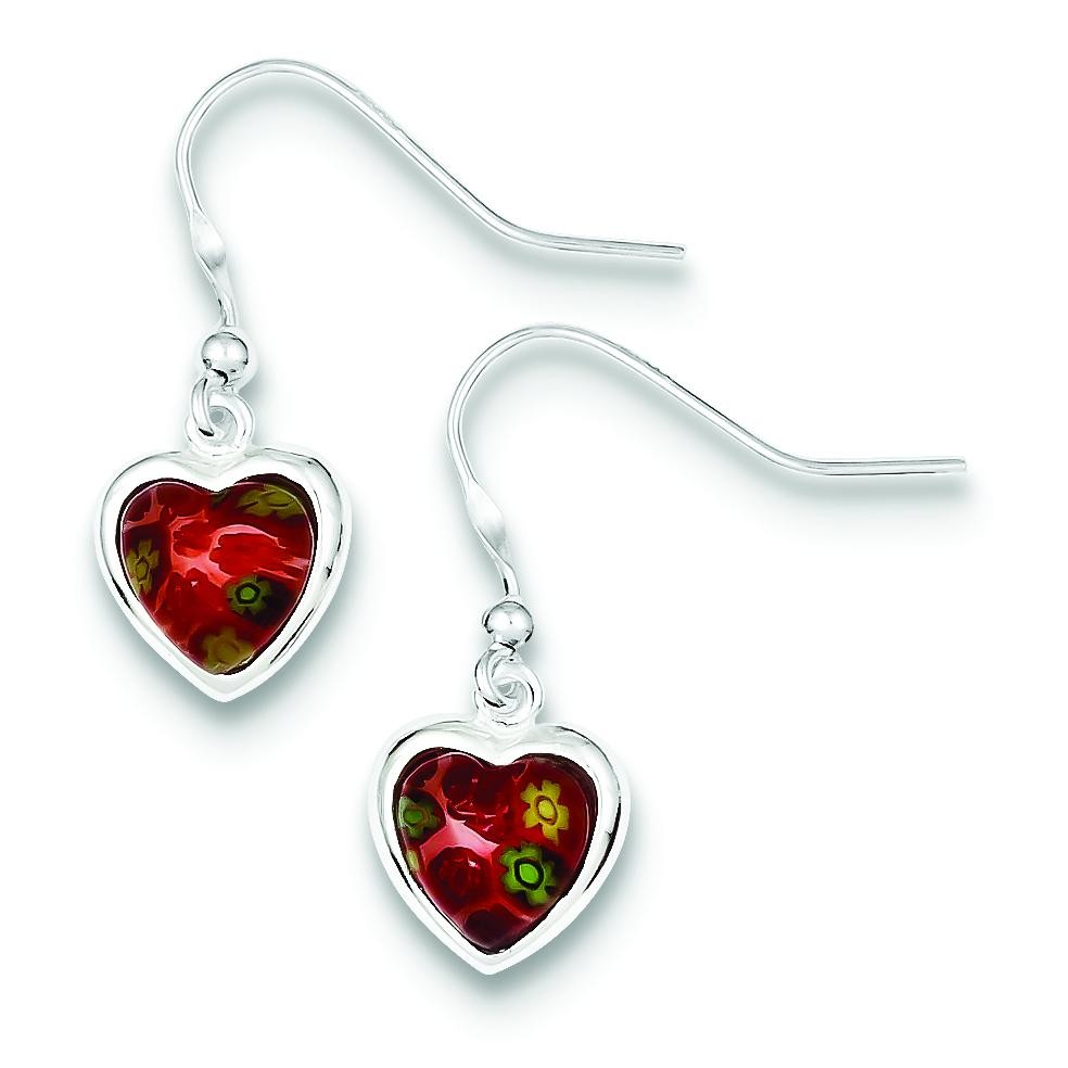 Red Glass Heart Dangle Earrings in Sterling Silver