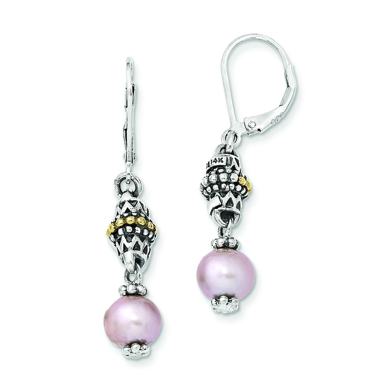 W Pink Freshwater Cultured Pearl Earrings in 14k Yellow Gold & Sterling Silver