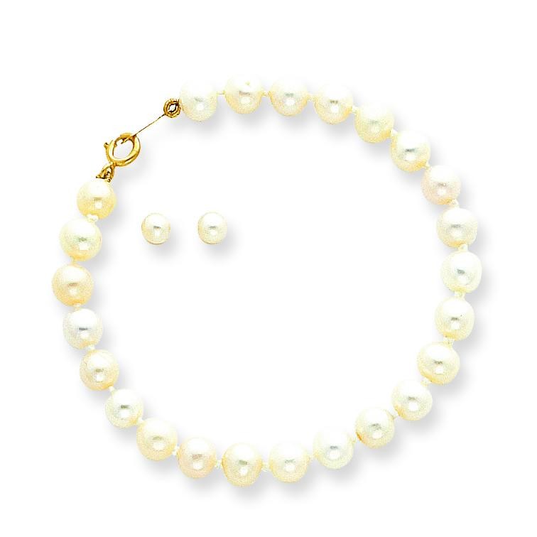 Baby Cultured Pearl Set Bracelet Screw back Earrings in 14k Yellow Gold