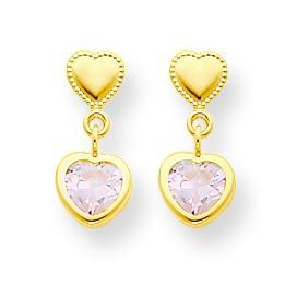 Heart W Pink CZ Dangle Post Earrings in 14k Yellow Gold