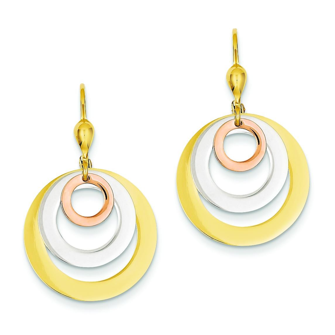Tricolor Circle Leverback Dangle Earrings in 14k Tri-color Gold