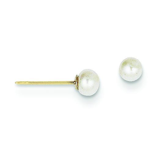White Button Cultured Pearl Stud Earrings in 14k Yellow Gold
