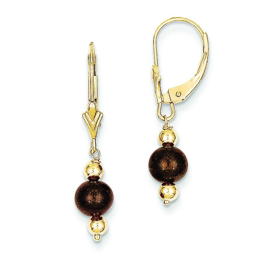 Chocolate Cultured Pearl Bead Leverback Earrings in 14k Yellow Gold