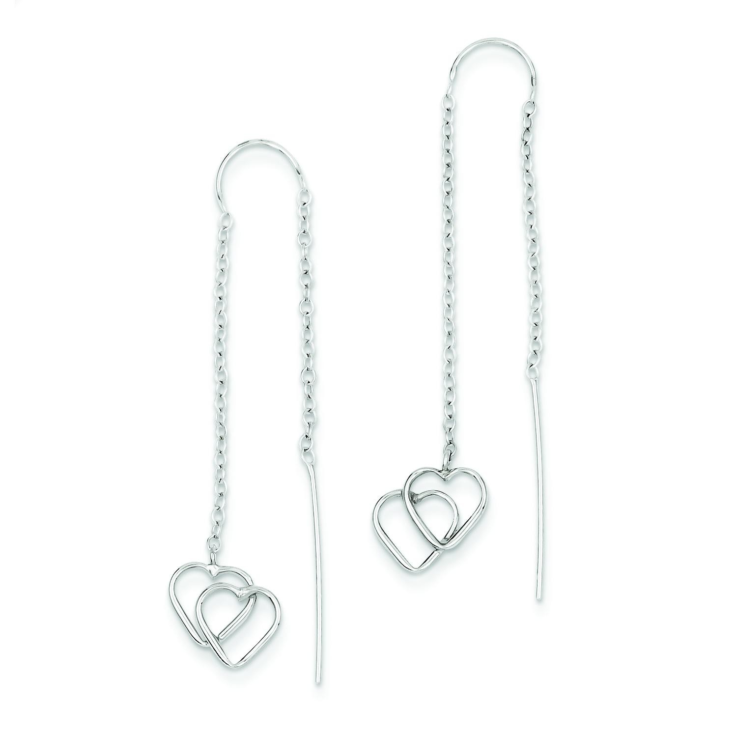 Double Heart Threader Earrings in 14k White Gold