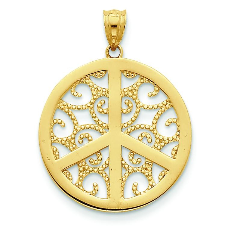 Filigree Peace Sign Pendant in 14k Yellow Gold