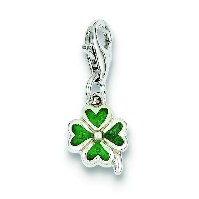 Green Four Leaf Clover Charm in Sterling Silver