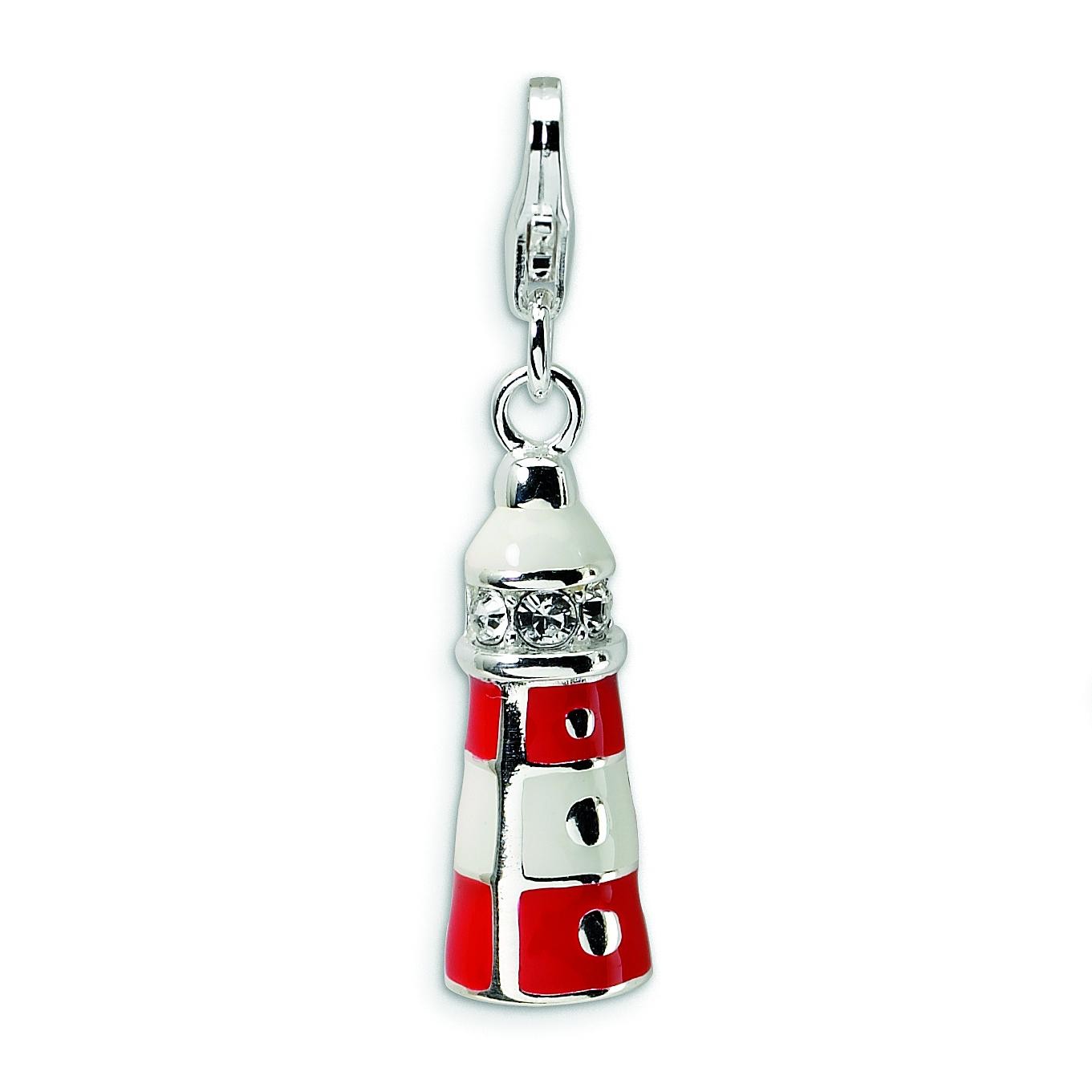 Enamel Swarovski Crys Lighthouse Lobster Clasp Charm in Sterling Silver