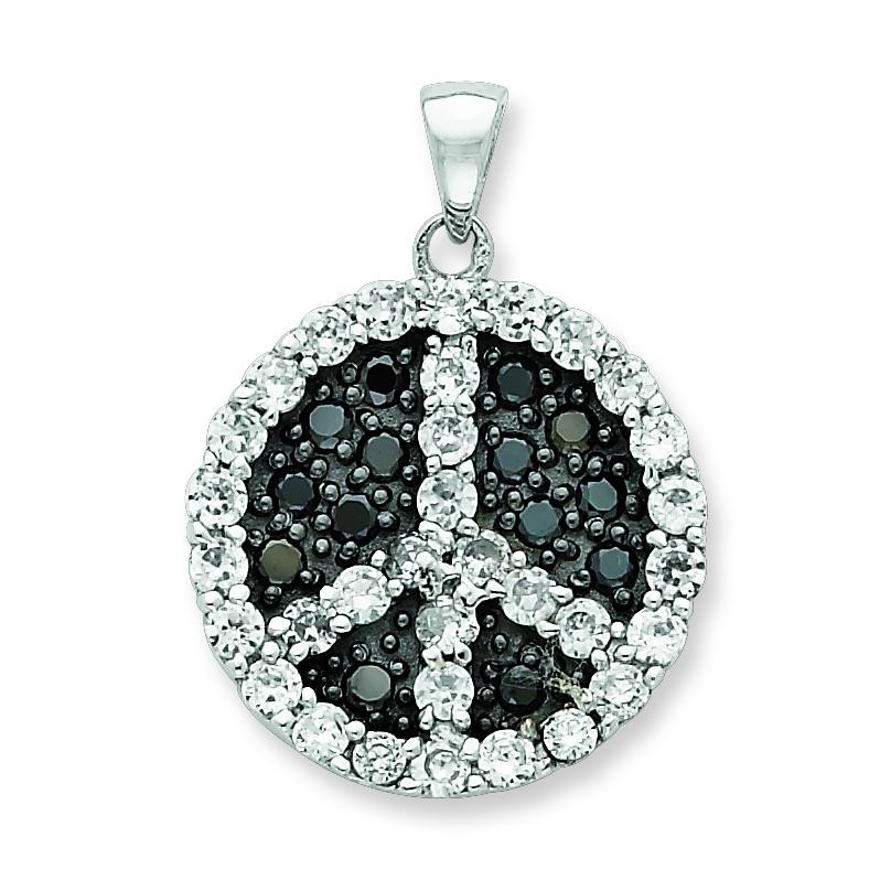Black White CZ Peace Symbol Pendant in Sterling Silver