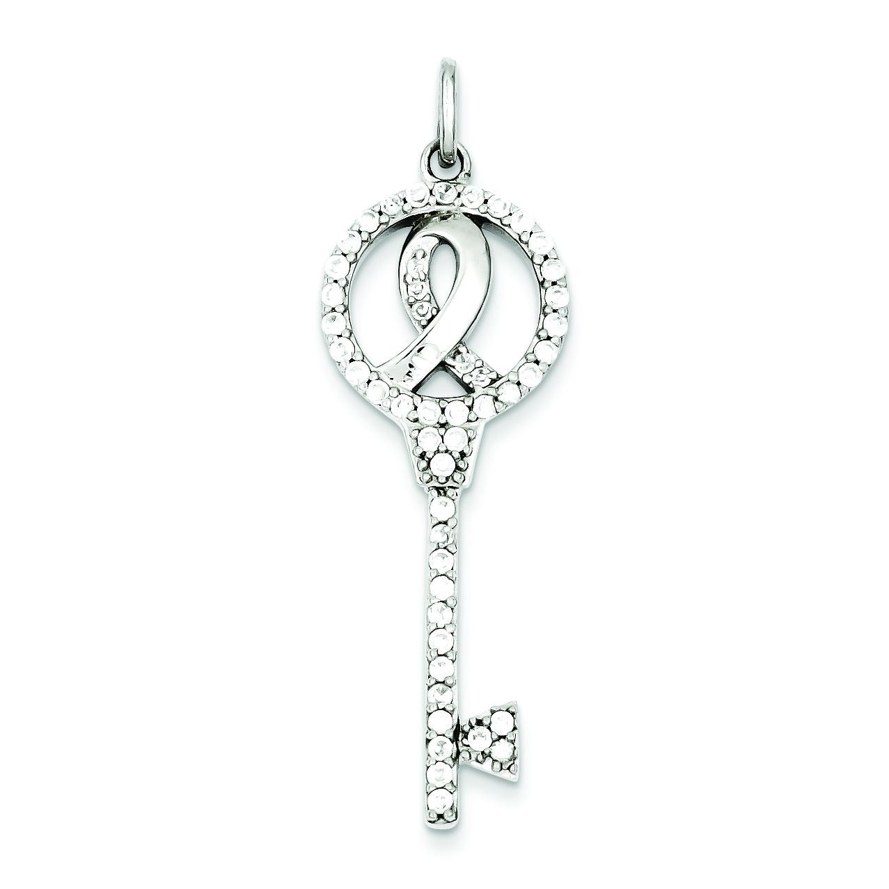 Breast Cancer Awareness Symbol CZ Key Pendant in Sterling Silver