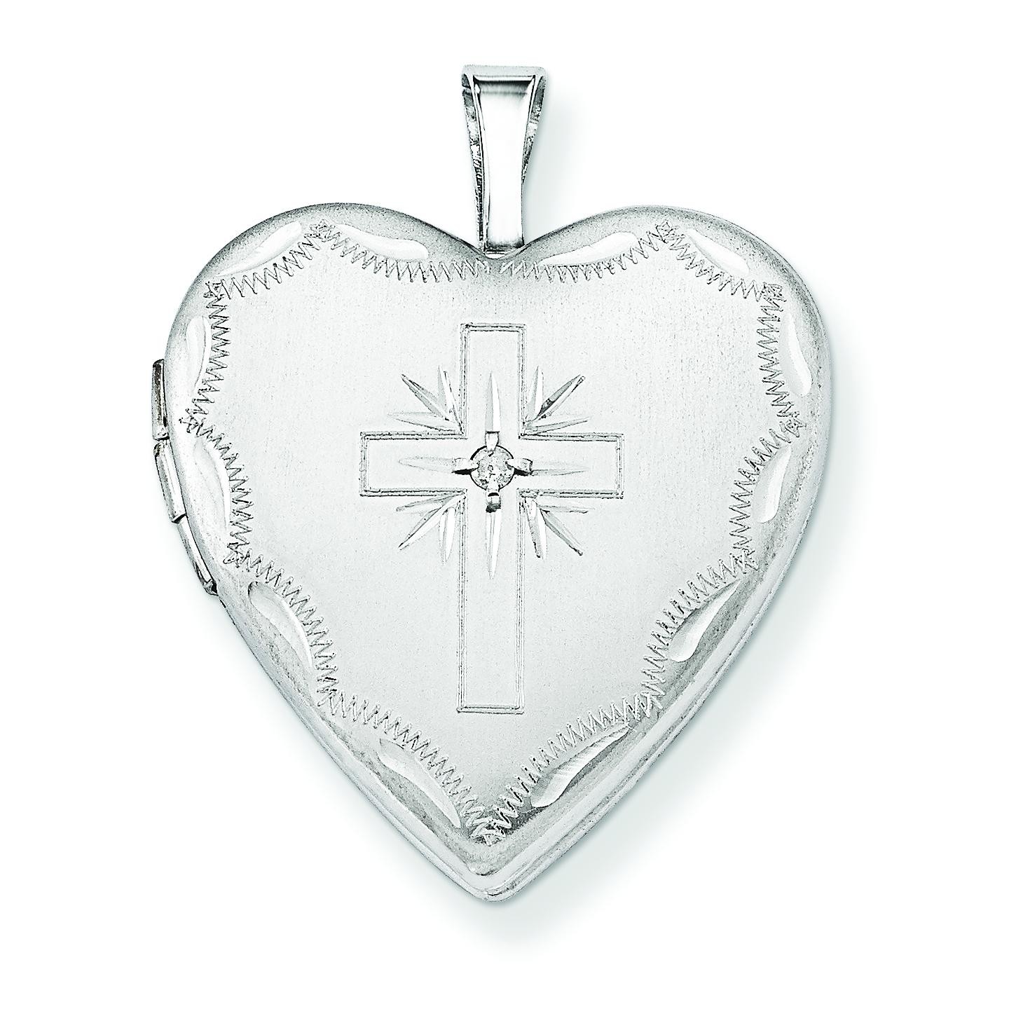 Diamond Set Cross Heart Locket in 14k White Gold