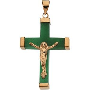 Green Jade Square Crucifix in 14k Yellow Gold