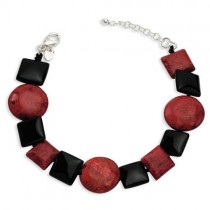 Black Agate Red Coral Bracelet in Sterling Silver