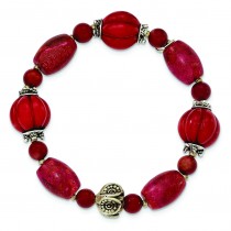 Antiqued Beads Red Coral Stretch Bracelet in Sterling Silver