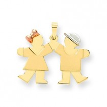 Small Girl On Left Boy On Right Engraveable Charm in 14k Tri-color Gold