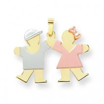 Small Boy On Left Girl On Right Engraveable Charm in 14k Tri-color Gold