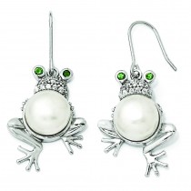 Green CZ Freshwater Pearl Frog Dangle Earrings in Sterling Silver