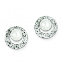 Rhodium Fw Cult Pearl Diamond Post Earrings in Sterling Silver