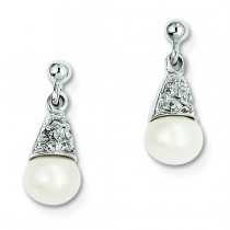 Rhodium Fw Cult Pearl Diamond Post Earrings in Sterling Silver