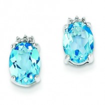 Oval Sw Blue Topaz Diamond Post Earrings in Sterling Silver