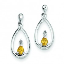 Rhodium Pear Citrine Diamond Post Earrings in Sterling Silver