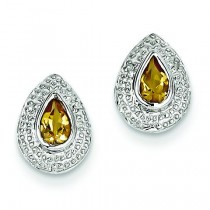 Rhodium Citrine Diamond Post Earrings in Sterling Silver