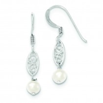 White Cultured Pearl Filigree Dangle Earrings in Sterling Silver