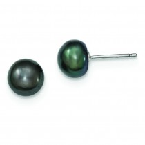 Black Cultured Pearl Button Earrings in Sterling Silver