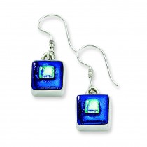 Blue Dichroic Glass Square Shaped Dangle Earrings in Sterling Silver