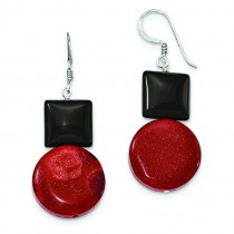 Black Agate Red Coral Earrings in Sterling Silver