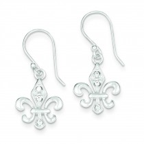 White CZ Accented Fleur De Lis Dangle Earrings in Sterling Silver
