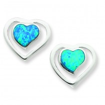 Created Blue Opal Inlay Center Heart Post Earrings in Sterling Silver