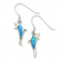 Created Blue Opal Inlay Dolphin Dangle Earrings in Sterling Silver