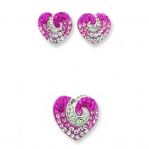 Pink CZ Crystal Heart Earrings And Pendent Set in Sterling Silver