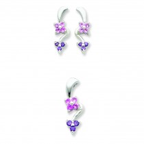 Pink Purple CZ Flower Earrings And Pendant Set in Sterling Silver