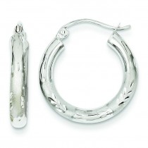 Satin Diamond Cut Round Hoop Earrings in 14k White Gold