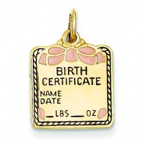 Pink Engraveable Birth Certificate Charm in 14k Yellow Gold