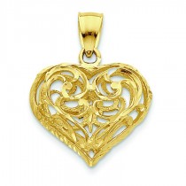 Diamond Cut Open Filigree Heart Pendant in 14k Yellow Gold